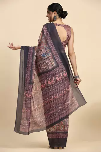 Brown geometric printed jute cotton festive wear saree with blouse piece