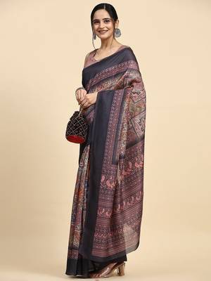 Brown geometric printed jute cotton festive wear saree with blouse piece 3