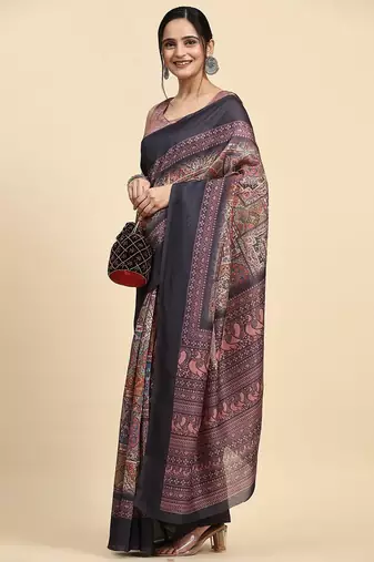 Brown geometric printed jute cotton festive wear saree with blouse piece