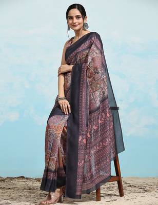 Brown geometric printed jute cotton festive wear saree with blouse piece 4