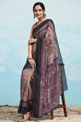 Brown geometric printed jute cotton festive wear saree with blouse piece