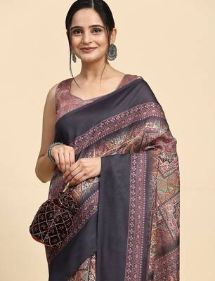 Brown geometric printed jute cotton festive wear saree with blouse piece 5