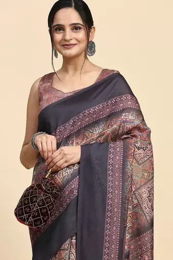 Brown geometric printed jute cotton festive wear saree with blouse piece