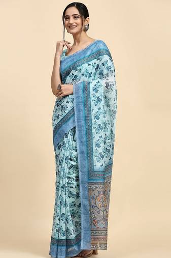 Blue printed satin fashion saree with blouse piece