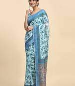 Blue printed satin fashion saree with blouse piece