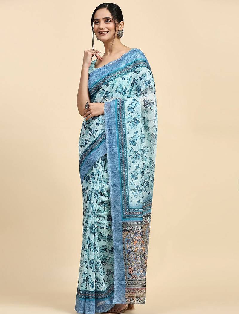 Blue printed satin fashion saree with blouse piece