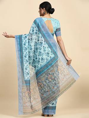 Blue printed satin fashion saree with blouse piece 2