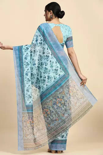 Blue printed satin fashion saree with blouse piece