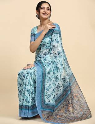 Blue printed satin fashion saree with blouse piece 3