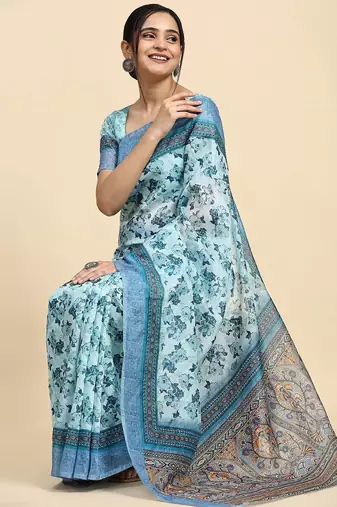 Blue printed satin fashion saree with blouse piece