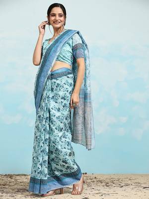 Blue printed satin fashion saree with blouse piece 4
