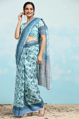 Blue printed satin fashion saree with blouse piece