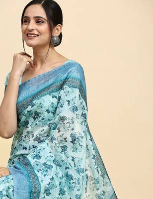 Blue printed satin fashion saree with blouse piece 5