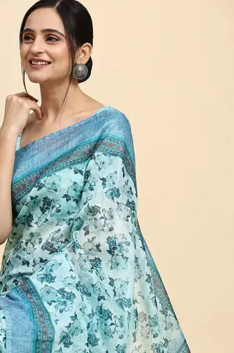 Blue printed satin fashion saree with blouse piece