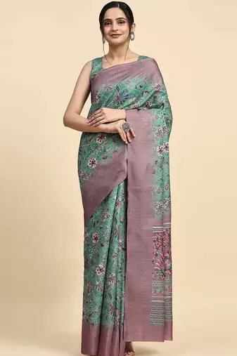 Green floral printed jute casual saree with blouse piece