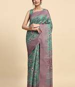Green floral printed jute casual saree with blouse piece