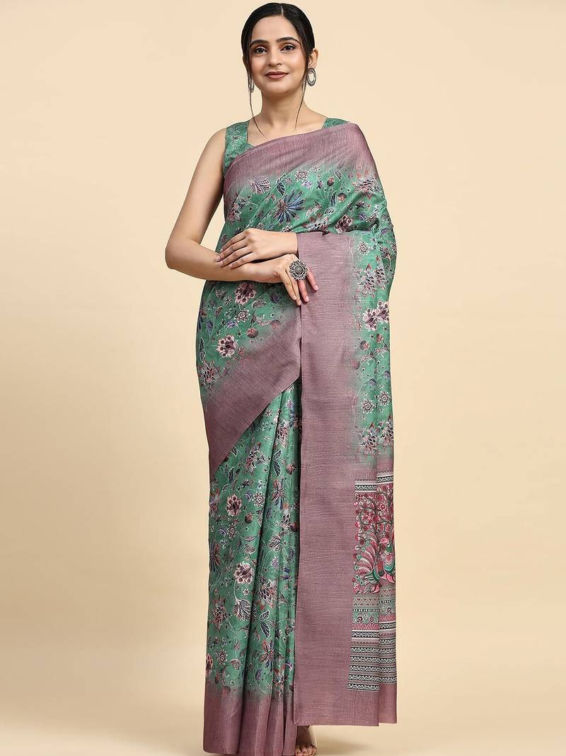Green floral printed jute casual saree with blouse piece