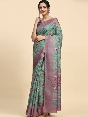 Green floral printed jute casual saree with blouse piece 2