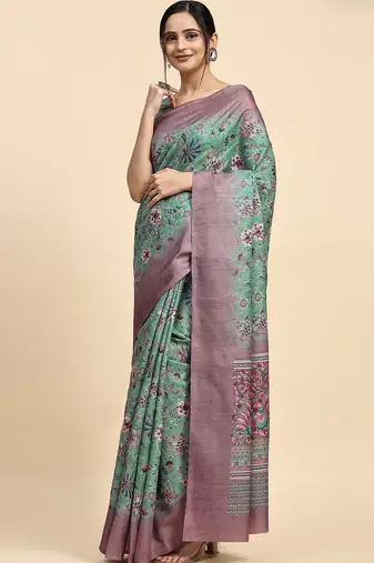 Green floral printed jute casual saree with blouse piece
