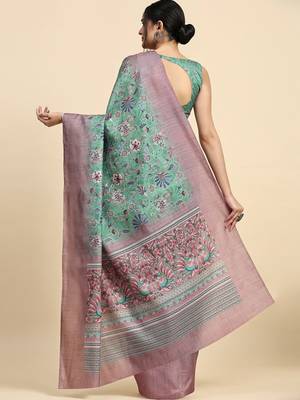 Green floral printed jute casual saree with blouse piece 3