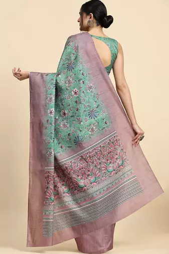 Green floral printed jute casual saree with blouse piece