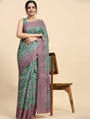 Green floral printed jute casual saree with blouse piece 4