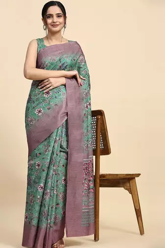 Green floral printed jute casual saree with blouse piece