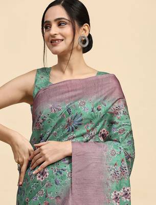 Green floral printed jute casual saree with blouse piece 5