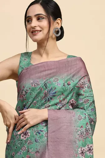 Green floral printed jute casual saree with blouse piece