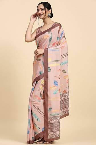 Peach printed satin fashion saree with blouse piece