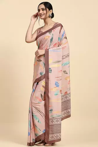 Peach printed satin fashion saree with blouse piece