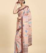 Peach printed satin fashion saree with blouse piece