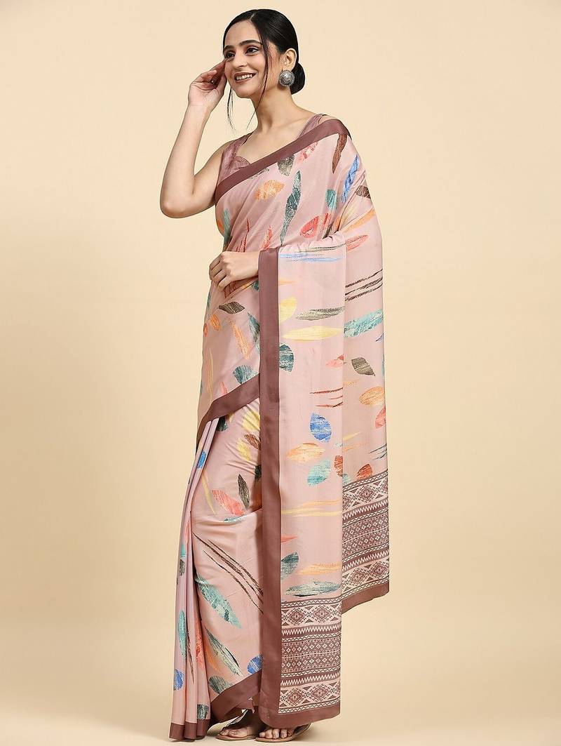 Peach printed satin fashion saree with blouse piece