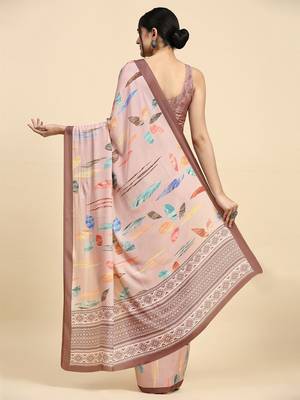 Peach printed satin fashion saree with blouse piece 2