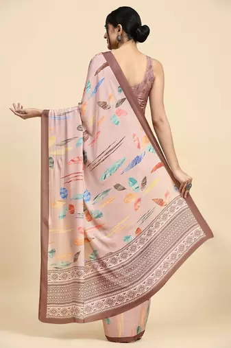 Peach printed satin fashion saree with blouse piece