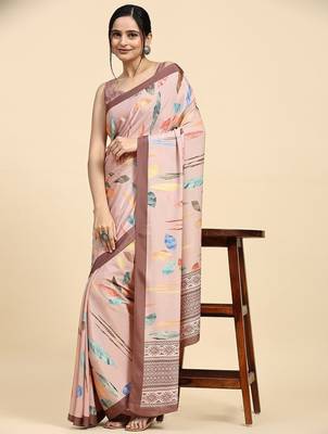Peach printed satin fashion saree with blouse piece 3
