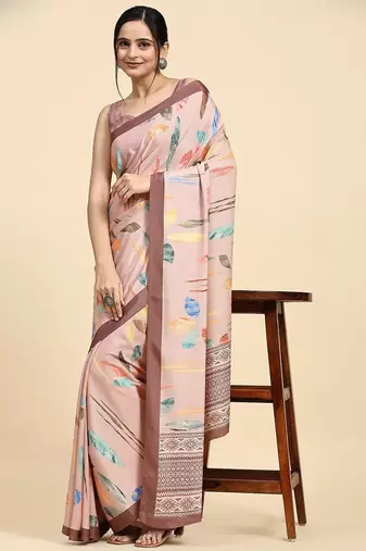 Peach printed satin fashion saree with blouse piece