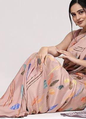 Peach printed satin fashion saree with blouse piece 4