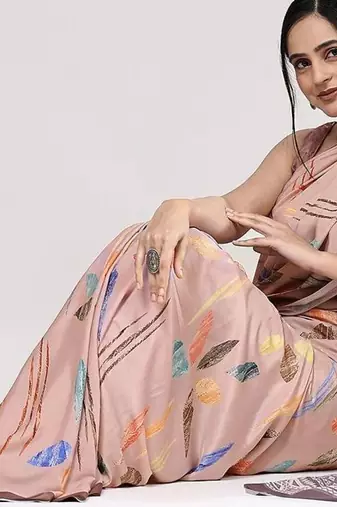 Peach printed satin fashion saree with blouse piece