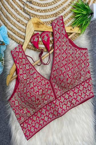 Rani pink heavy embroidered silk bridal blouse for women | designer wedding party wear readymade saree blouse