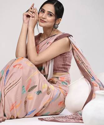 Peach printed satin fashion saree with blouse piece 5