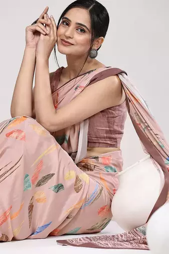 Peach printed satin fashion saree with blouse piece