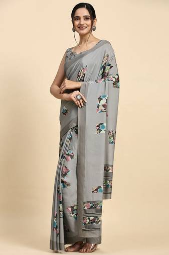Grey printed satin fashion saree with blouse piece