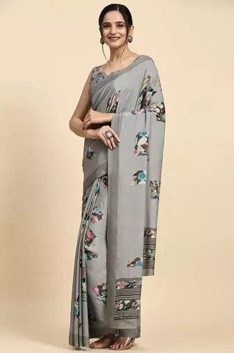 Grey printed satin fashion saree with blouse piece