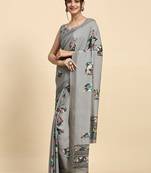 Grey printed satin fashion saree with blouse piece