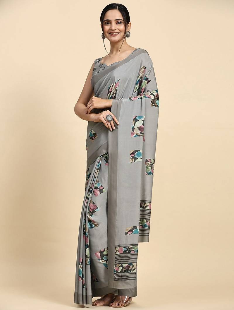 Grey printed satin fashion saree with blouse piece