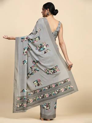 Grey printed satin fashion saree with blouse piece 2