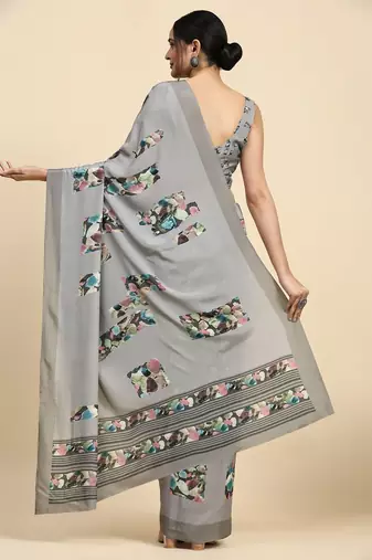 Grey printed satin fashion saree with blouse piece