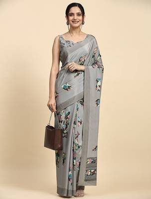 Grey printed satin fashion saree with blouse piece 3