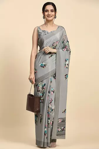 Grey printed satin fashion saree with blouse piece